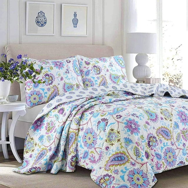 Juego de cama reversible con estampado floral de cachemira, color lila, lavanda y morado, cubrecama ligero para todas las estaciones (morado, tamaño Queen, 3 piezas)