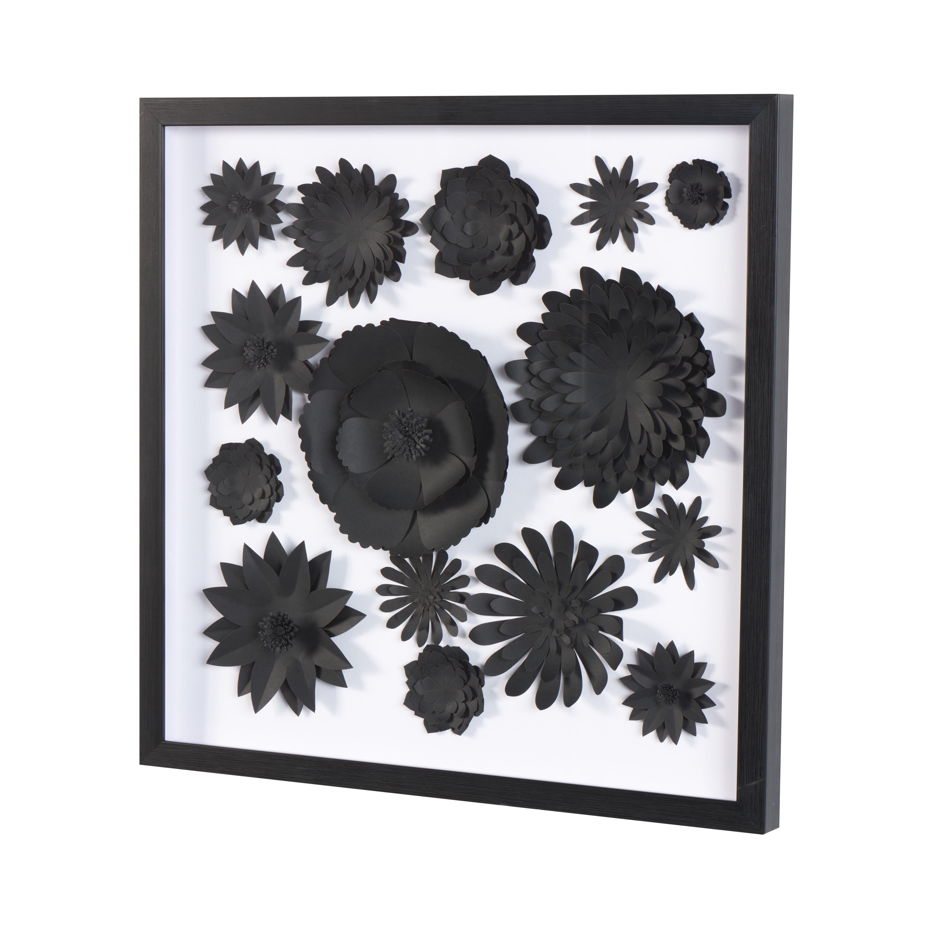 20" x 20" Black Floral Cluster Shadow Box with Varying Shapes and Sizes, by DecMode