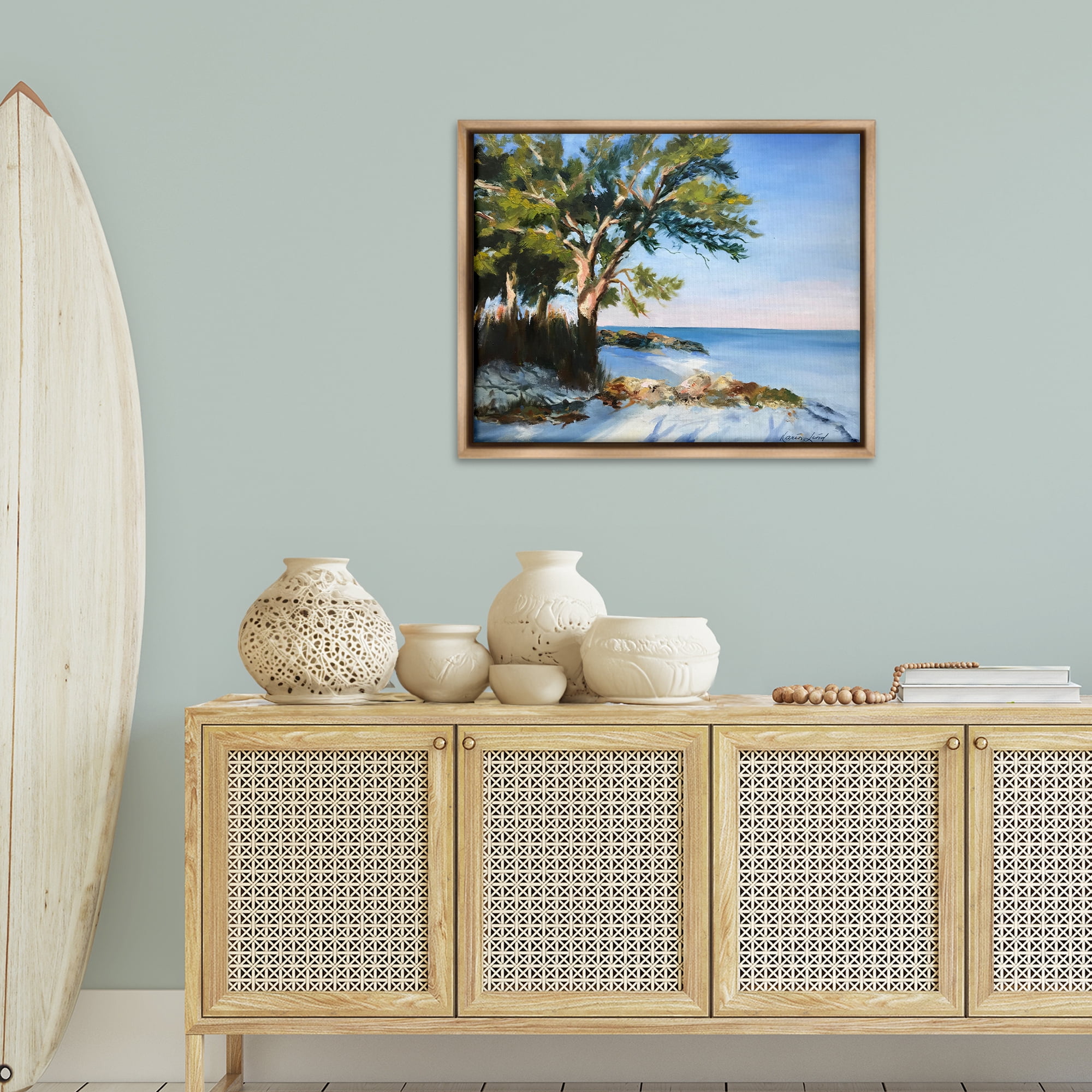 Stupell Industries White Sand Beach Landscape Painting Brown Floater Framed Canvas Art Print Wall Art, 31 x 25