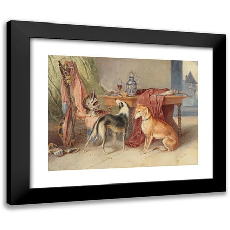 Johann Matthias Ranftl 14x12 Black Modern Framed Museum Art Print Titled - An Interior with Greyhounds and a Still-Life with Pieces of Armour