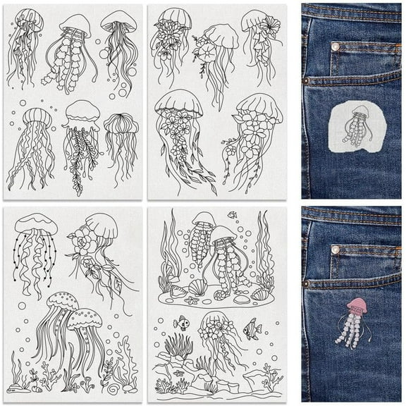 16Pcs Jellyfish Embroidery Pattern Stabilizers 8.3”x11.7” Jellyfish Seagrass Water Soluble Stick and Stitch Embroidery Stickers 4 Sheets Hand Sewing DIY Embroidery Transfer Paper