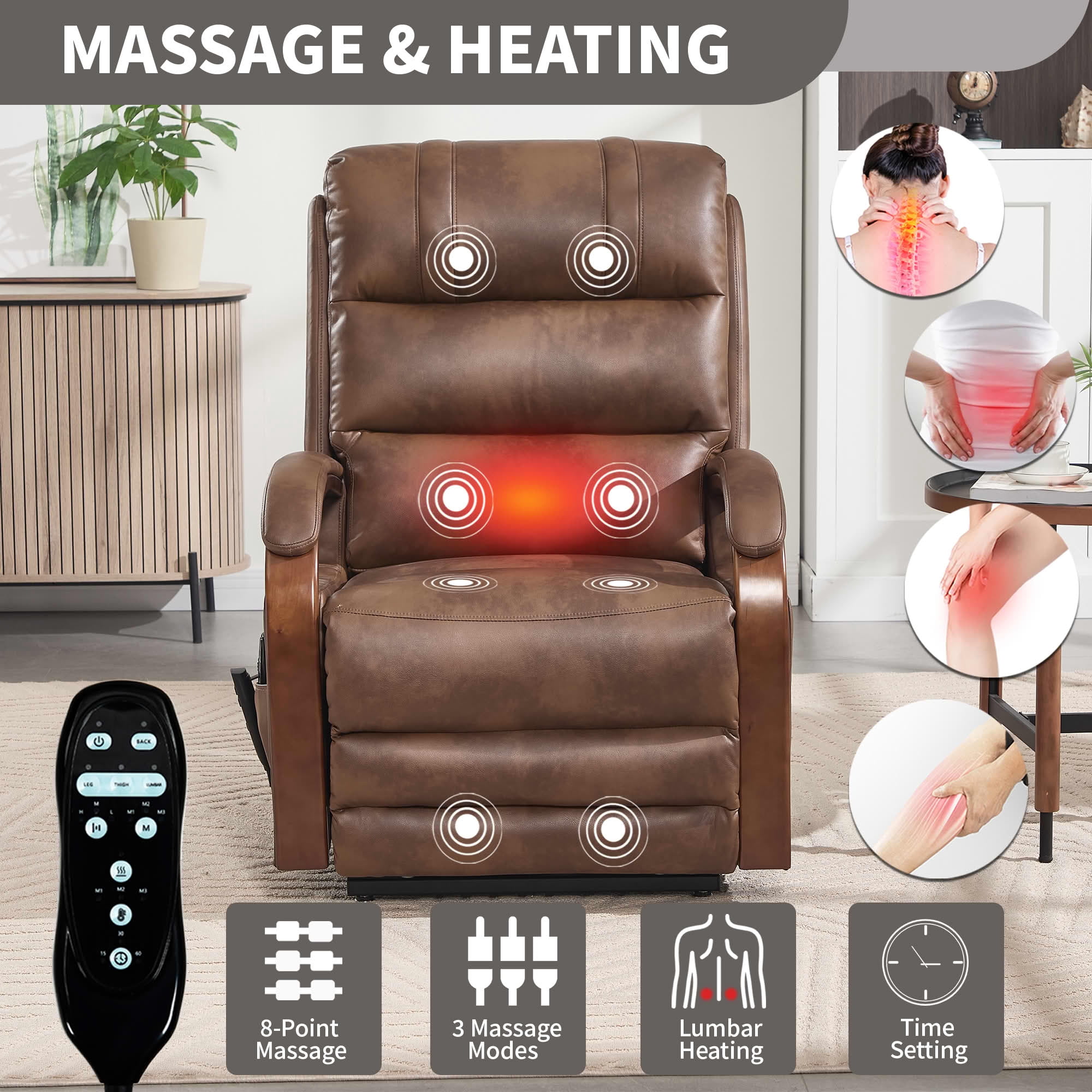 MAYEERTY Brown Leatheraire Dual Motor Power Lift Recliner, 350lbs Solid Wood Armrest Massage Heat 30"x36"x43" for Elderly