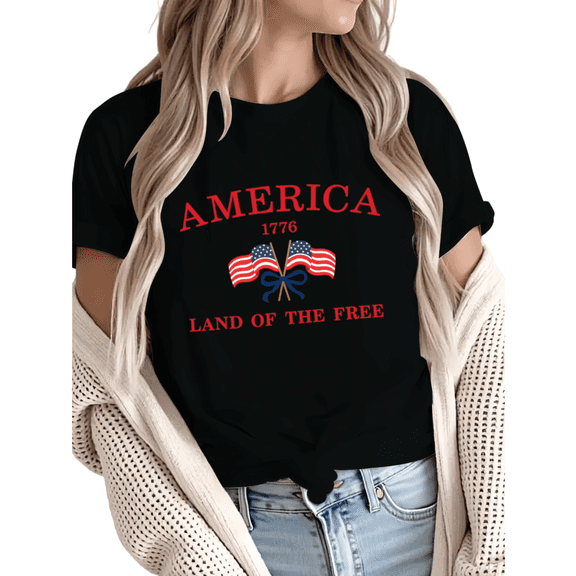 Giffimy Women 4th of July America 1776 Land of the Free Patriotic Flag Bow Graphic Short Sleeve T-Shirt Casual Cotton Crewneck Top Black S-5XL