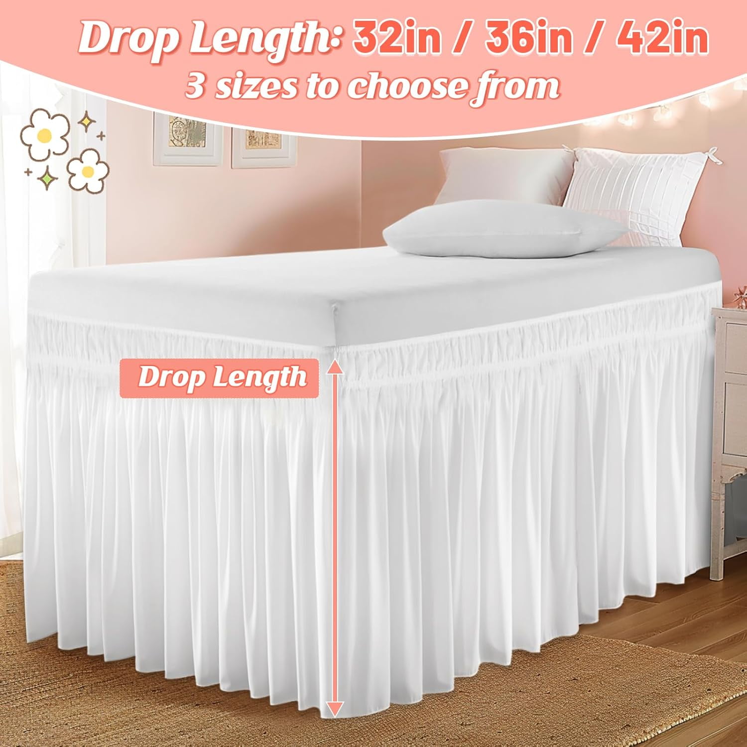 Dorm Bed Skirt for Twin-XL - 42" Drop College Dorm Room Bed Skirt, Pre-Shrunk Fabric Long Bed Skirt, Cute Ruffled Style Dorm Essentials for Students Girl Decoration & Hide The Clutter (White)