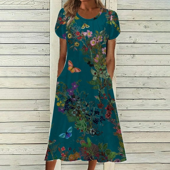 QUNYINEY Floral Spring Dresses for Women Short Sleeve Casual A-Line Dress Pleated Flowy Crew Neck Maxi Sundress