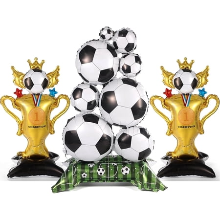3PCS Soccer Foil Balloons, Large Inflatable Standing Trophy Balloons for Birthday Sports Soccer Theme Party Decoration Supplies