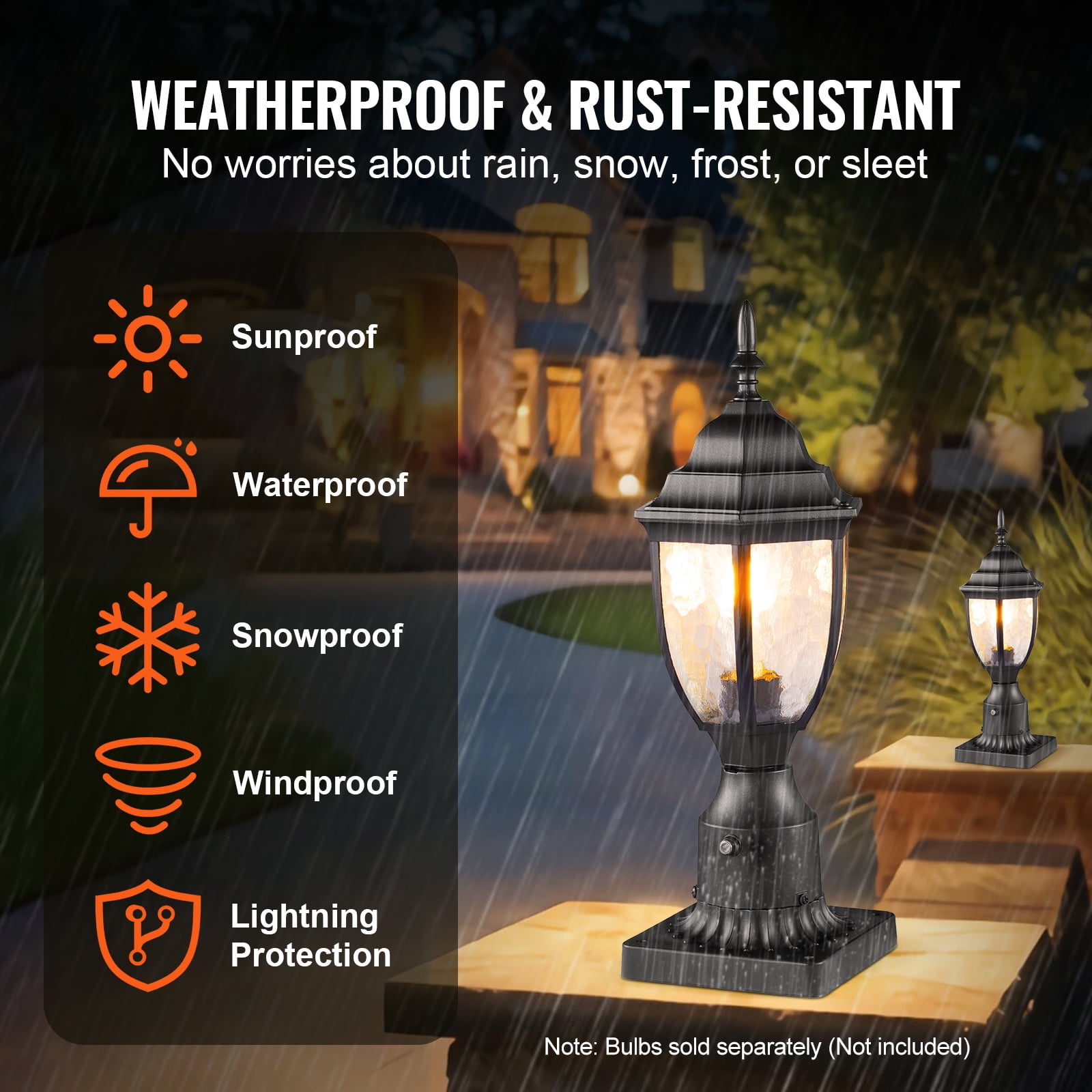 KFFKFF 2 Set Twilight to Sunrise Outdoor Post Light, 15.35 in, Weather-Resistant Lamp Post Lights with 3.5 in Base for Pier Mount, Glass Enclosure, Resilient Against Lightning
