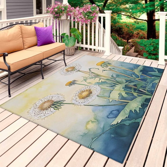 Yellow Blue Ombre Floral Outdoor Rug 3x5 Ft, Non Slip Washable Area Rug, Watercolor Flowers Retro Patio Rugs Carpet Runner, Large Floor Mat for Indoor/Outdoor Deck Porch Camping