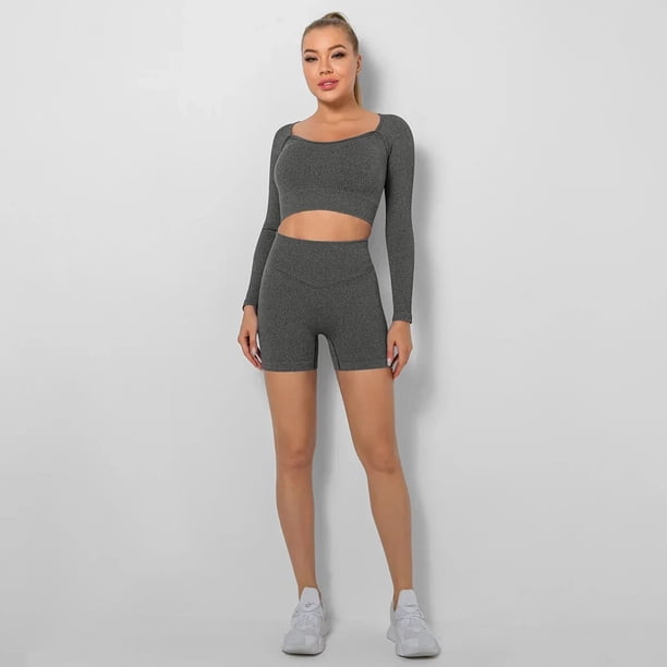 Ropa deportiva de Yoga para mujer, conjunto de dos piezas de gimnasio, Top corto de manga larga, pantalones cortos, conjunto deportivo, trajes de Fitness, ropa de entrenamiento