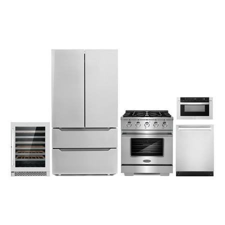 Cosmo 5 Piece Kitchen Appliance Package with 24  Built-In Microwave Drawer 30  Freestanding Gas Range 24  Built-in Fully Integrated Dishwasher French Door Refrigerator & 48 Bottle Wine Refrigerator