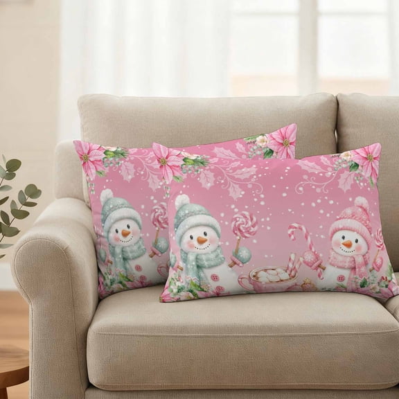 Waterproof Throw Pillow Covers 20x12 Set of 2, Winter Christmas Snowman on Pink Outdoor Pillowcases Invisible Zipper, Poinsettia Flower Holly Decorative Cushion Covers for Patio Garden Sofa Couch