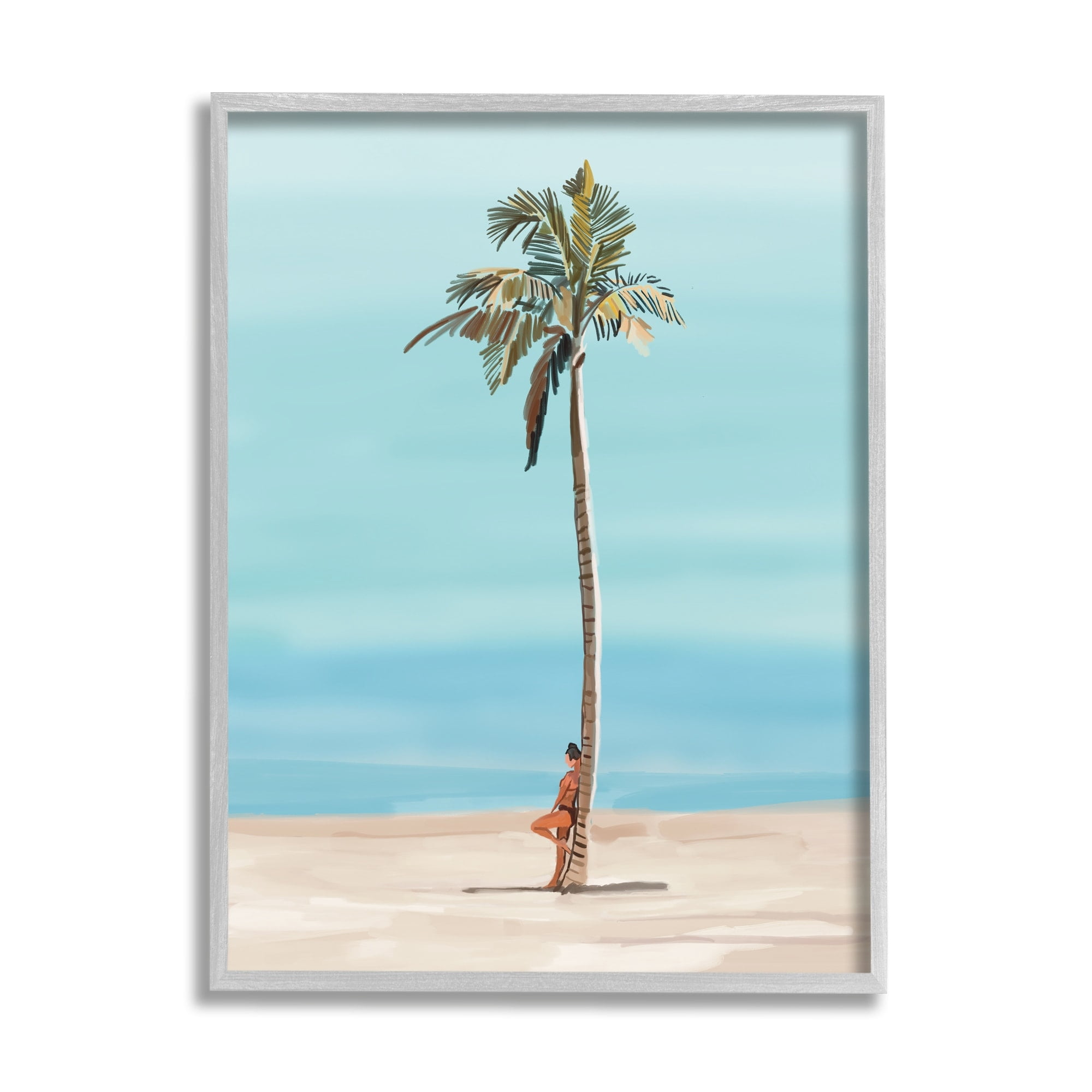 Stupell Industries Girl Leaning On Palm Tree Coastal Painting Gray Framed Art Print Wall Art