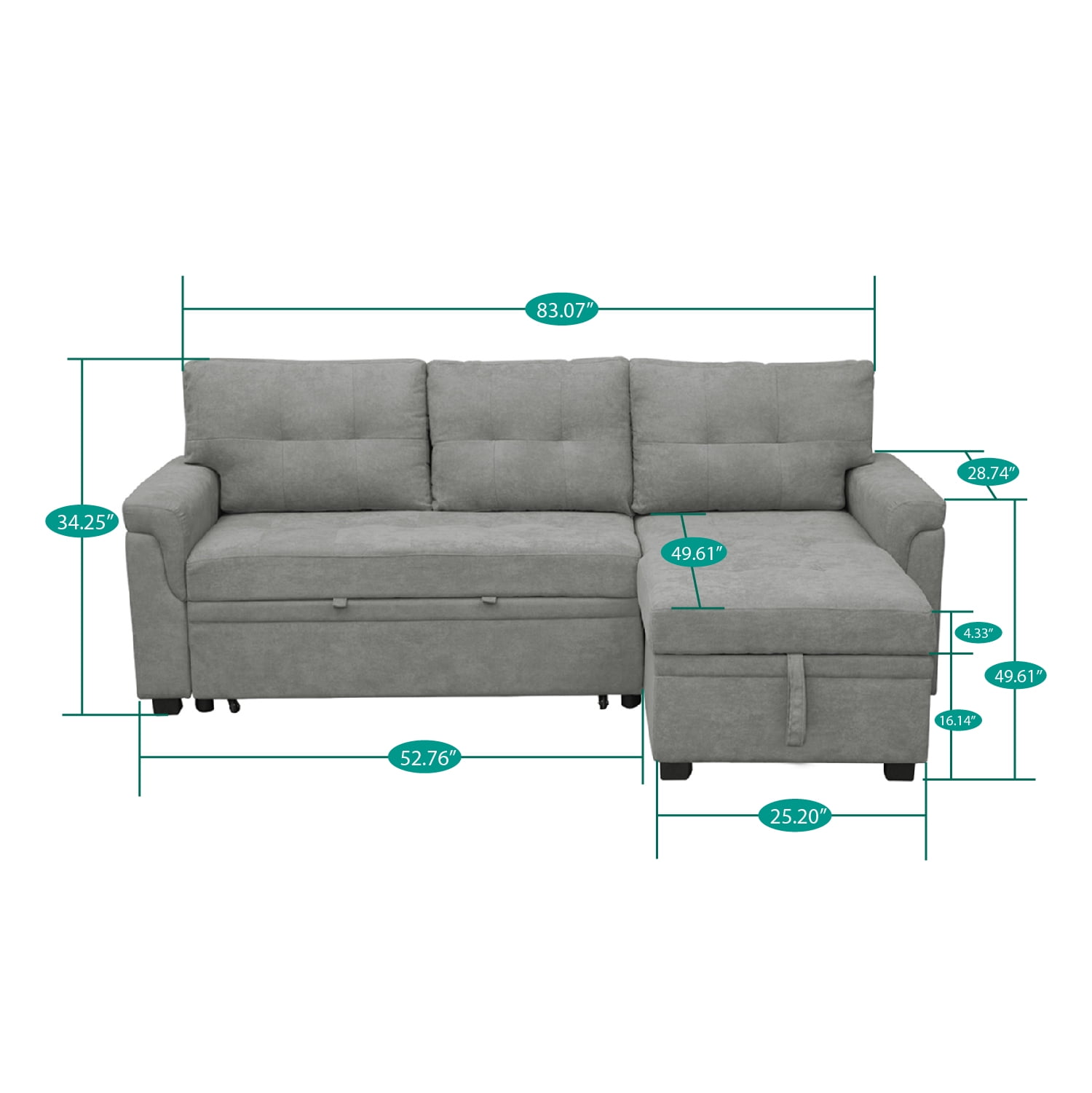 Laura Gray Velvet Sectional Sleeper Sofa Bed with Storage Chaise, Pull Out Couch