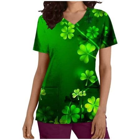 

Funicet Black and Friday Deals Plus Size Tops St Patricks Day Shirt for Women Scrubs Top Women s Working Uniform Nursing Uniform With Two Pockets Short Sleeve V-neck Summer Blouse