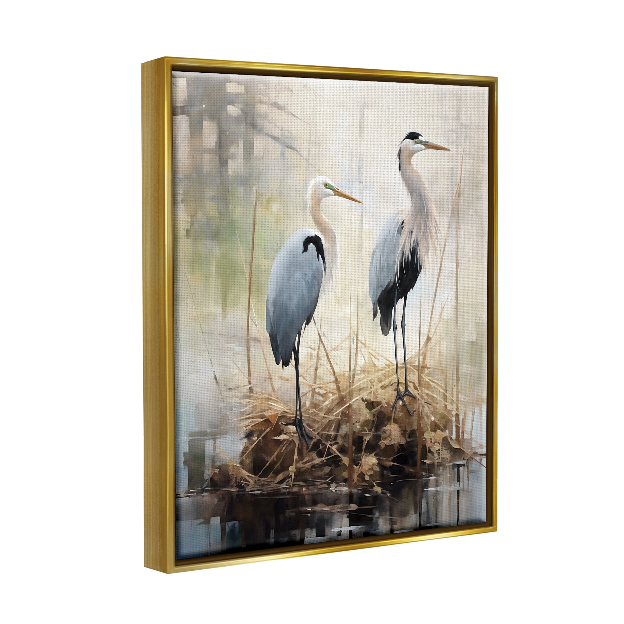Stupell Industries Cranes in Pond Nature Animals & Insects Painting Gold Floater Framed Canvas Art Print Wall Art, 17 x 21