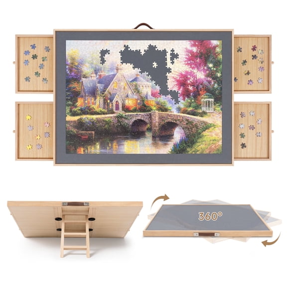 KoshiMe Puzzle Board 1500 Pieces, 2-in-1 Rotating and Tilting Jigsaw Puzzle Table with 4 Drawers, Portable 34.3 x 26.4 Inch Natural Wood with Protective Dust Cover