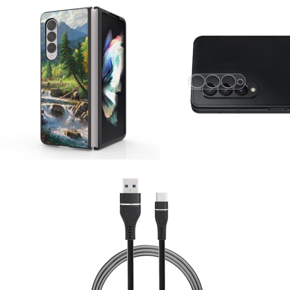 Accessory Bundle for Galaxy Z Fold 4: Slim Snap-On Case (Bear River), Rear Camera Glass Protector, Nylon Braided USB-C to USB-A Cable (3 Feet)