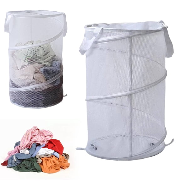 Mesh Popup Laundry Hamper 115L Extra Large Collapsible Laundry Basket Foldable Clothing Storage Basket with Handles No Lid 26 H x 18 W x 18 L (White)