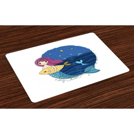 

Fantasy Placemats Set of 4 Hand Drawn Style Mermaid Holding a Fish on Backdrop with Seascape at Night Time Washable Fabric Place Mats for Dining Room Kitchen Table Decor Multicolor by Ambesonne