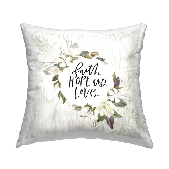 Stupell Industries Faith Hope Love White Floral Wreath Sentiment Design by Valerie Wieners Throw Pillow