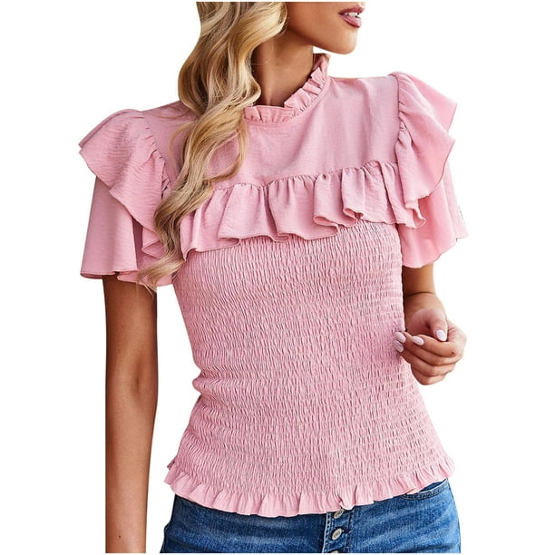 Elegante blusa informal de manga corta con cuello redondo para primavera y verano para mujer OAVQHLG3B Store lin121212