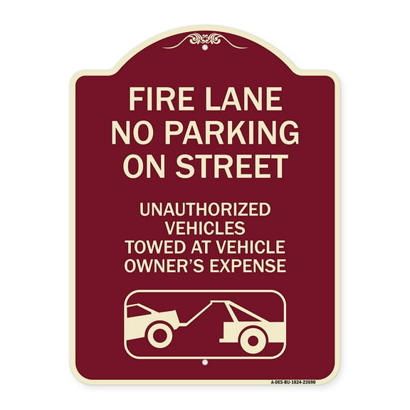 SignMission Designer Series Sign - No Parking on Street Unauthorized Vehicles Towed at Vehicle Owner's Expense (With Car Tow Graphic) | Burgundy 18" x 24" Heavy-Gauge Aluminum