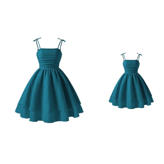 Girls Summer Dress Solid Color Spaghetti Strap Square Neck Bow Tie Double Layer Casual Party Outfit for Toddlers & Tween Sizes 2-12 Years