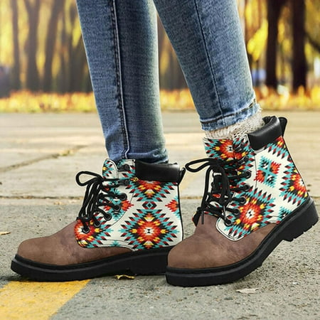 

Cyber Monday Clearance Juebong Women Retro Vintage Printing Chunky Heel Boots Lace-Up Splice Color Shoes