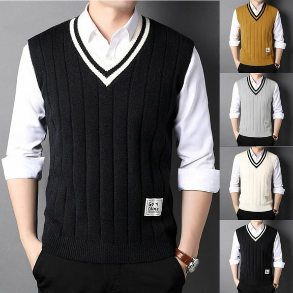 VBTAPA Mens V Neck Sweater Vest Striped Knitted Pullover Casual Dress Knitwear Vests Slim Fit Sleeveless Sweaters Black M