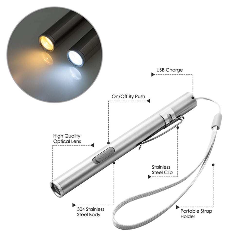 Stainless Steel Highlight Pen Shape USB Charging Mini LED Lithium