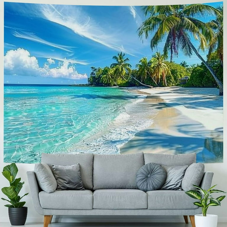 BCIIG Ocean Beach Tapestry Tropical Palm Trees Seaside Island Blue Sky Sunshine Nature Summer Hawaiian Scene Wall Hanging Art Home Decor for Living Room Bedroom Dorm Walmart