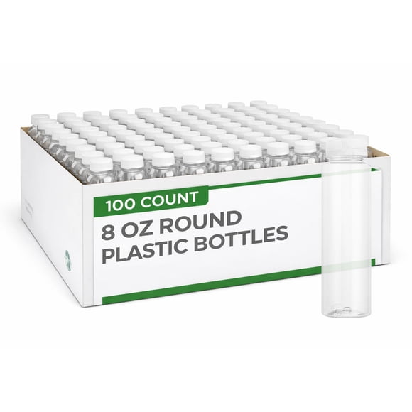 8 oz Round Clear Plastic Cold Pressed Juice Bottle - with Safety Cap, BPA-Free - 2 1/4" x 2 1/4" x 9 3/4" - 100 count box