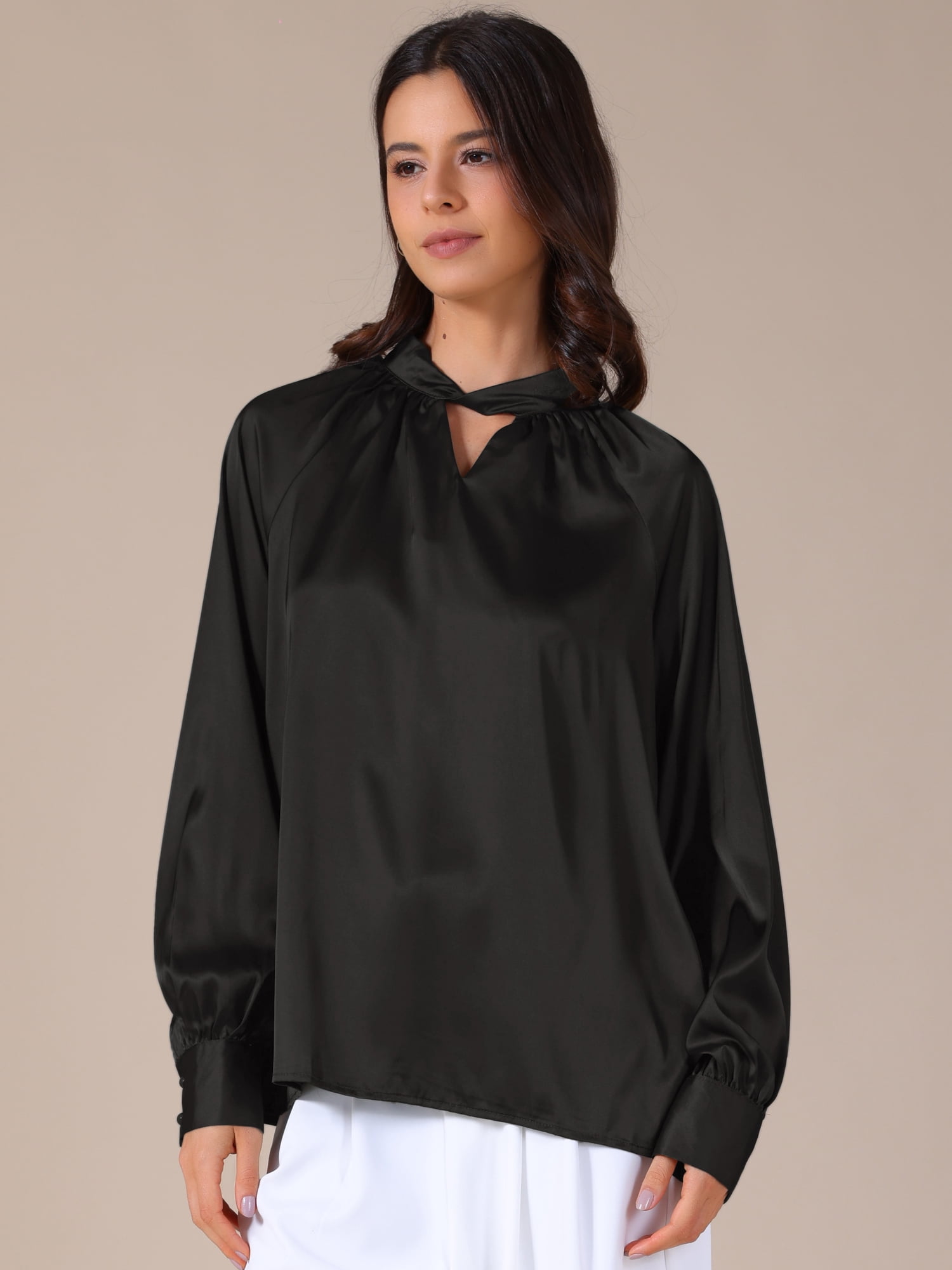 DARING DIVA Women's Formal Satin Silk Blouse with Long Sleeves S Black