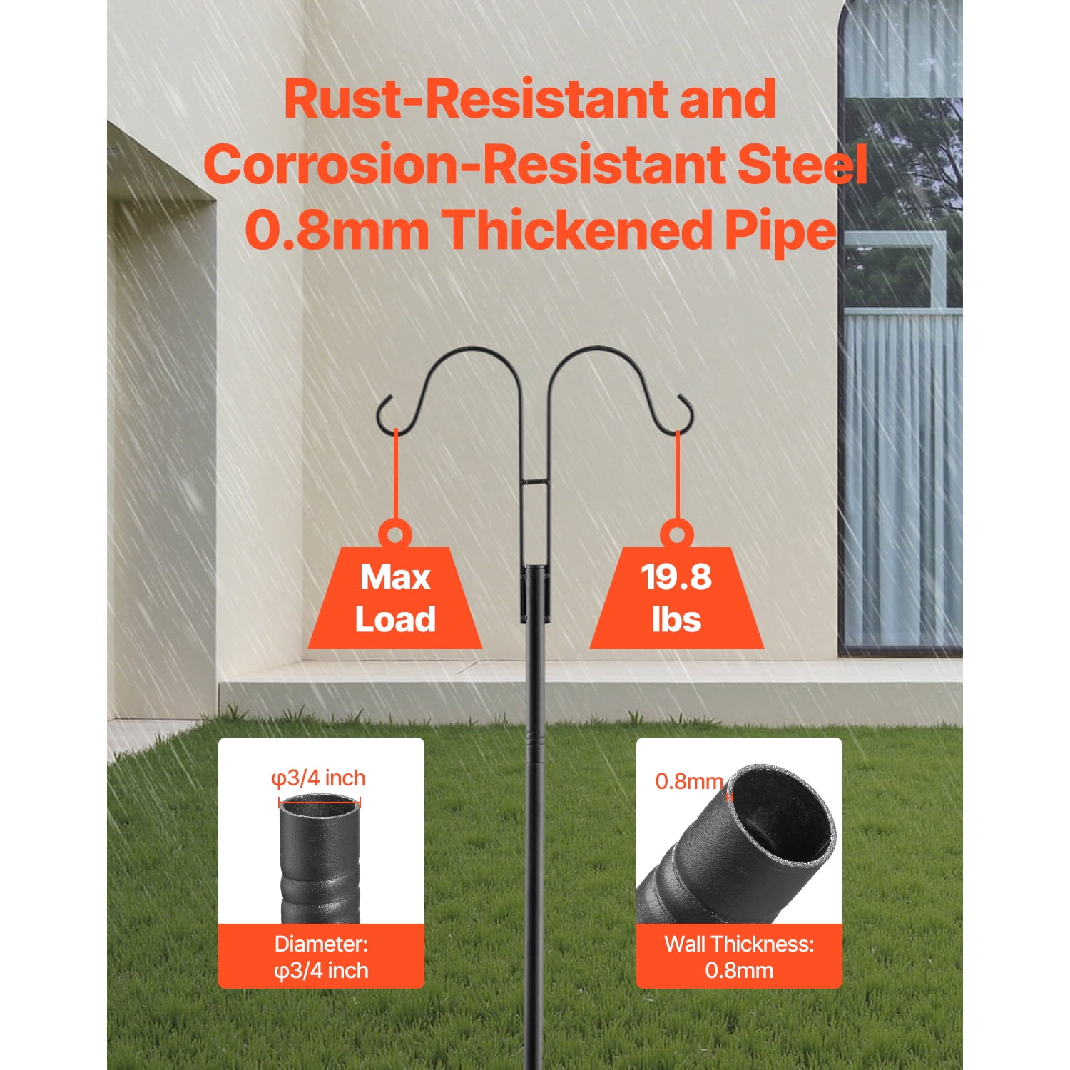 KFFKFF Double Shepherd Hooks for Outdoor Use, Set of 8, 92-Inch Heavy-Duty Poles, 3/4-Inch Thick Garden Hooks for Hanging Bird Feeders, Plant Baskets, Solar Lanterns, Wind Chimes