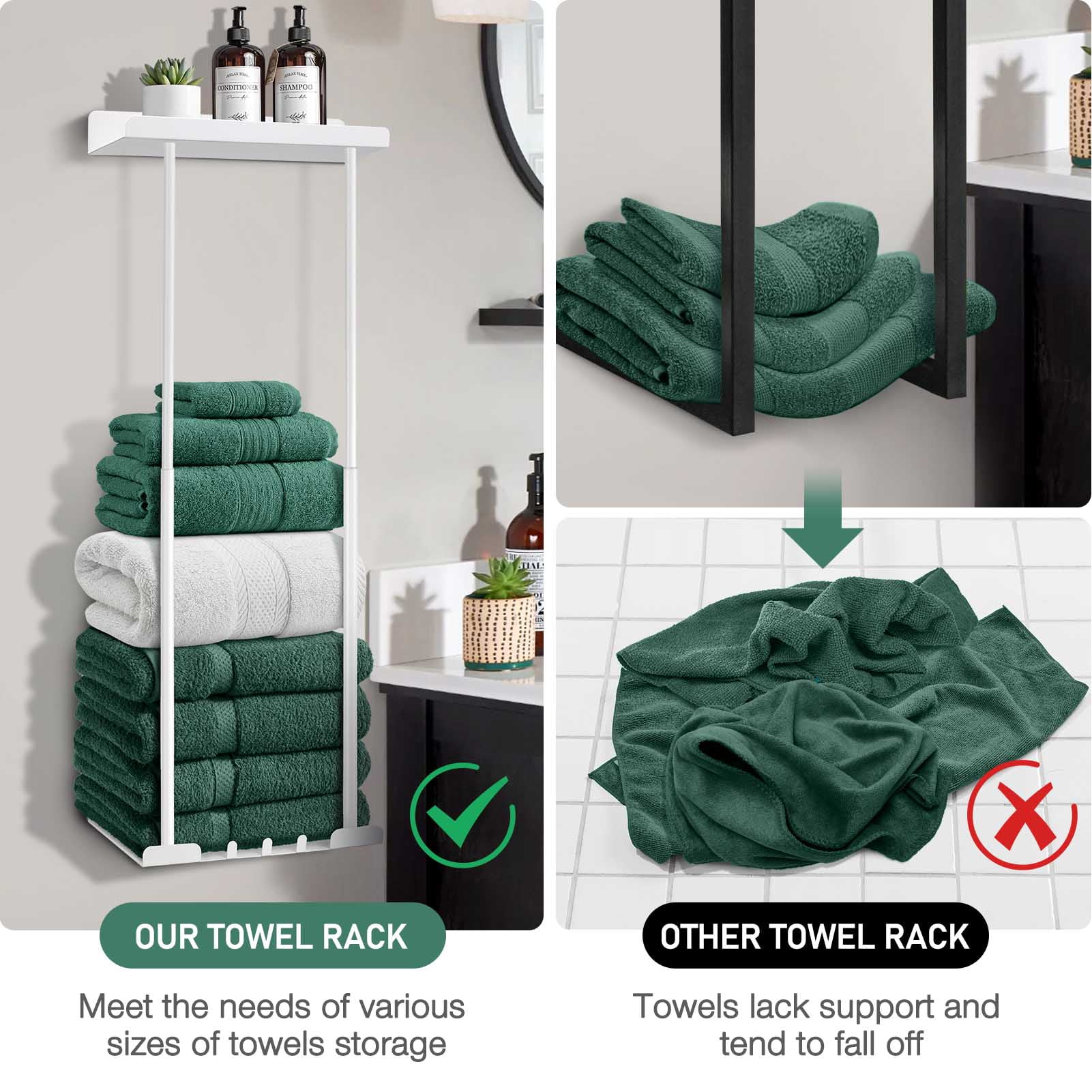 Livhil Wall Towel Rack for Rolled Towels, New Upgrade Towel Racks for Bathroom Wall Mounted, Bathroom Bar Towel Storage, Metal Bath Towel Holder for Folded Large Towel Washcloths, White