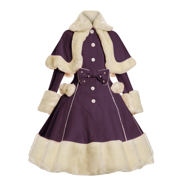 Vestido Lolita gótico vintage para mujer, traje con cuello de piel, mangas largas, chal, bonito, de un solo pecho, cálido, de invierno, con lazo grueso
