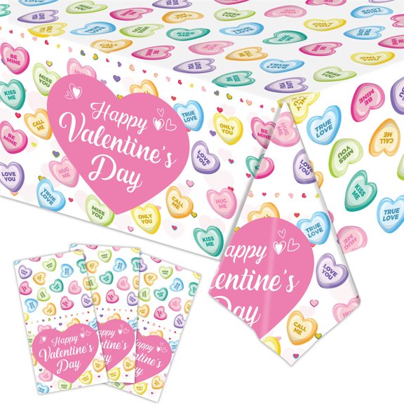 Peacheart Happy Valentine's Day Heart Tablecloth, 54" x 87" Disposable Plastic Tablecloth for Valentines Day Birthday Wedding Engagement Anniversary Party Favors Supplies
