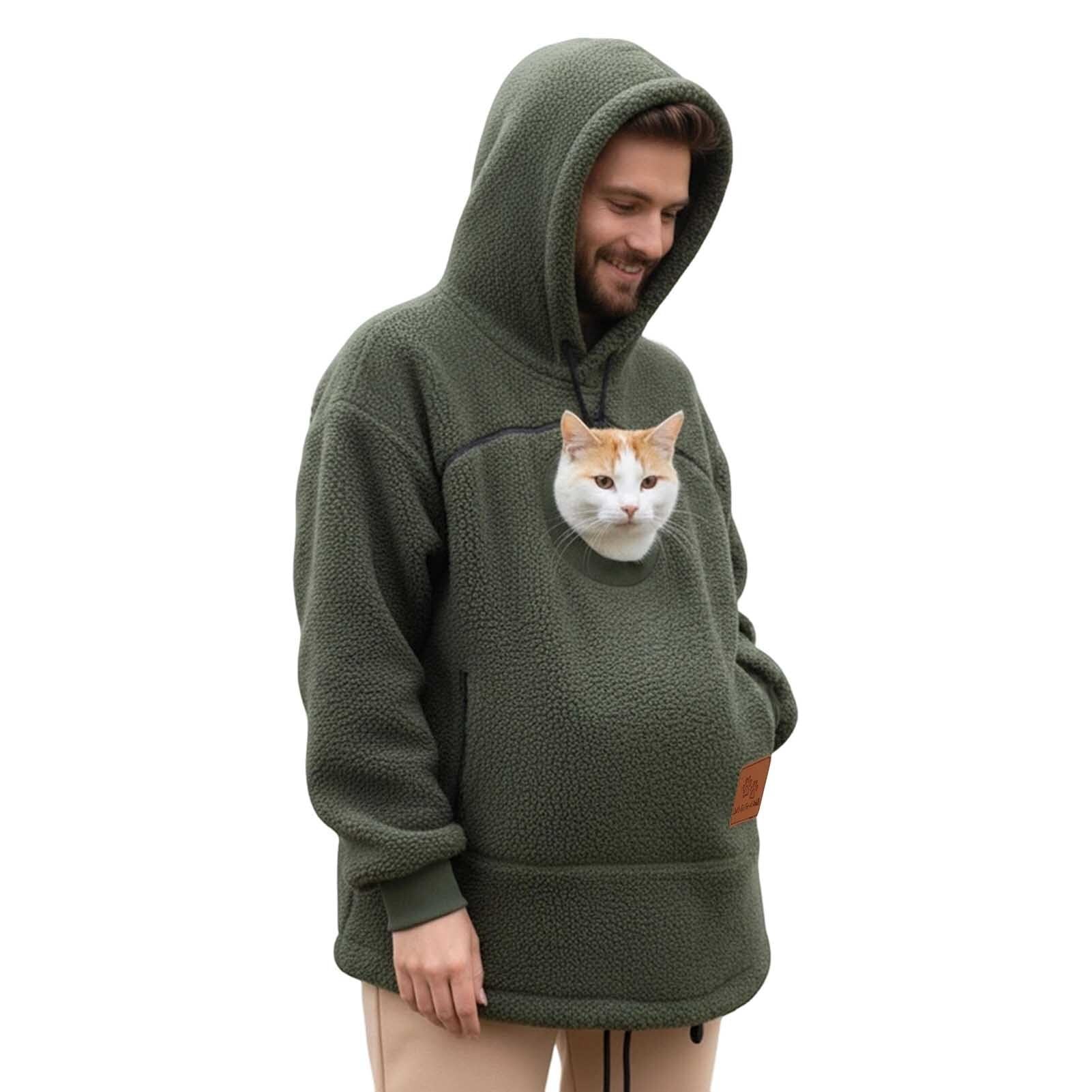 Stralyhd Unisex Hoodies Pet Holder Oversized Sweatshirts with Large Pocket Sharpa Warm Pet Carrier Hoodie Hooded Pet Carrier Pullover Army Green L