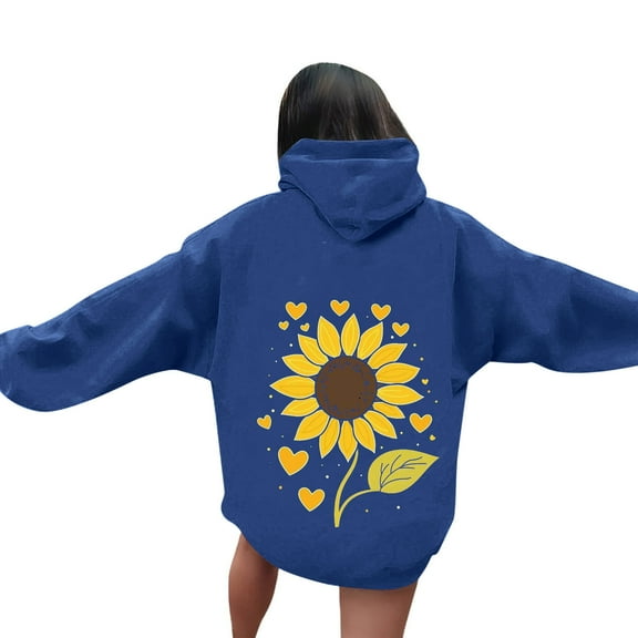 VOONCAS Women's Cute Sunflower Hoodie - 100% Polyester, Dual Print, Drawstring, Nature-Inspired Casual, Blue, Size S