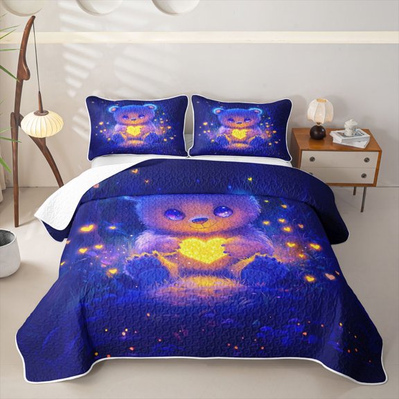 Erosebridal Cartoon Bear Doll Twin Quilt Set, Glitter Love Heart Print Twin Coverlet Set, 2 Pieces