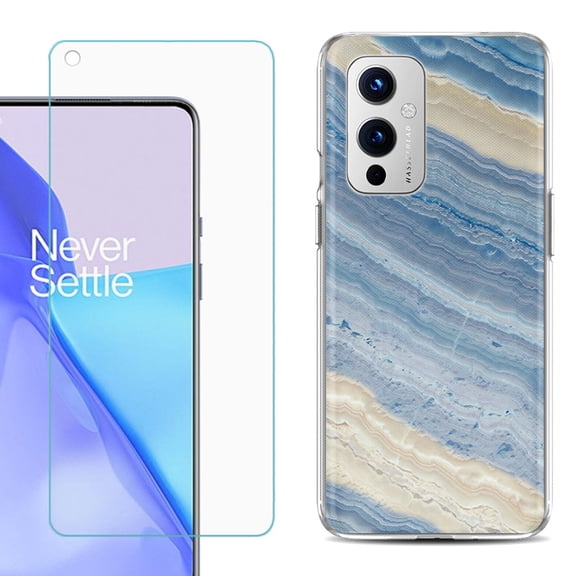 Slim-Fit TPU Phone Case Compatible with OnePlus 9 5G, with Tempered Glass Screen Protector, by OneToughShield ® - Marble/ Marina Blue