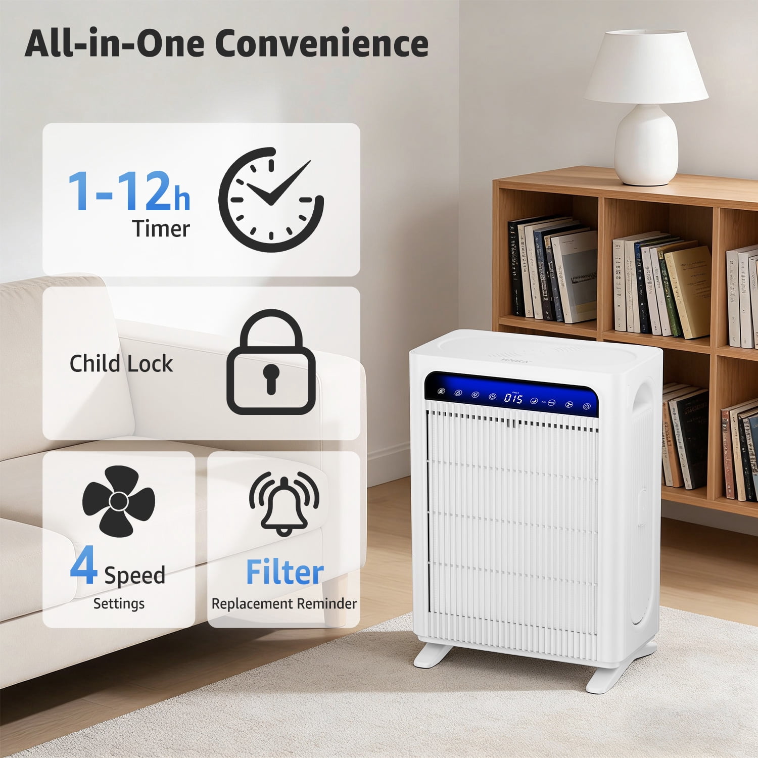 KNKA Pro Air Purifier, HEPA Air Purifier for Home Large Room Up to 1,695 ft² in 1 Hr, Double-Sided Filter for Dust, Smoke, Pollen, with Air Quality Monitor, Ultra-Quiet