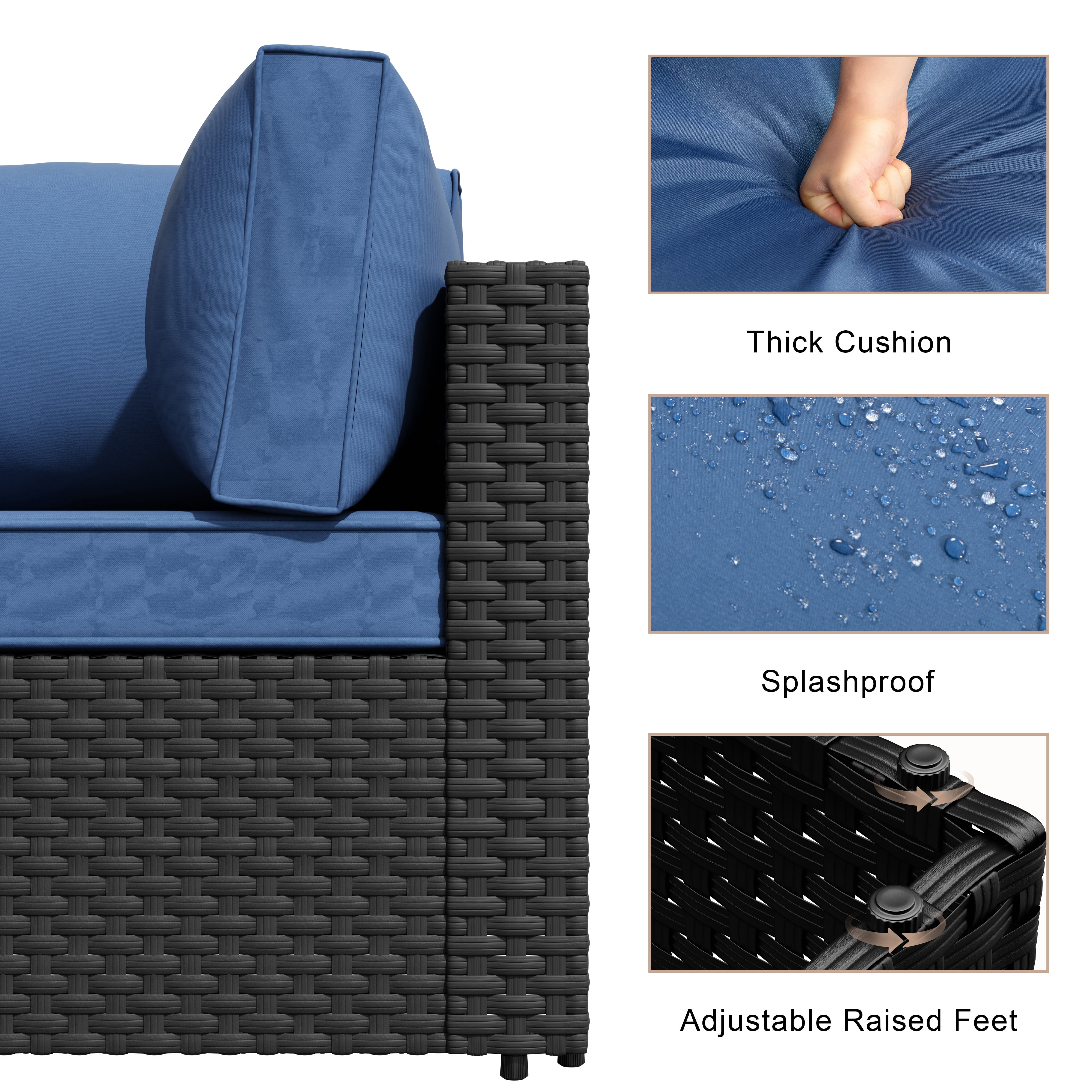 Walsunny 7 Pieces Patio Conversation Set, All-Weather Rattan Wicker Patio Furniture Sets with 6 Chairs and 1 Coffee Table, Washable Couch Cushions,Black Rattan Navy Blue Cushions