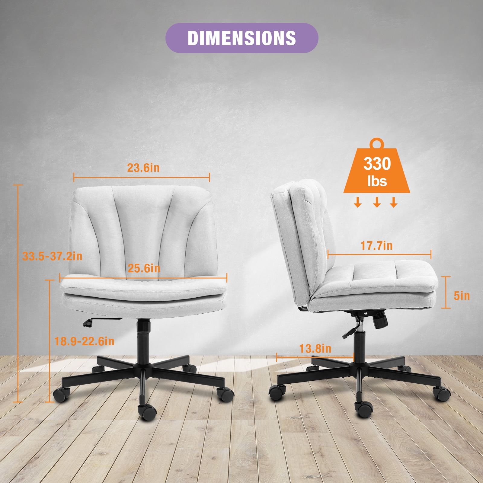 Criss Cross Legged Chair Ergonomic Home Office Desk Chair with Casters, Armless Wide Comfy Computer Task Seat Swivel Rolling Vanity Chair with Height Adjustable and Rocking Function, Beige