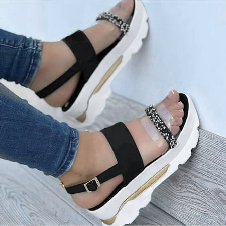 

Aayomet Beach Sandals for Women Ladies Fish Wedge Mouth Breathable Strap Rhinestone Heel Shoes Sandals Flowers Buckle Women s Black 6.5