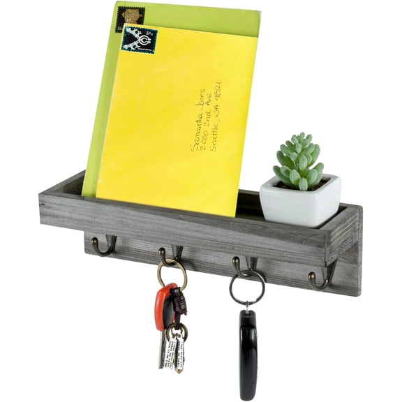 MyGift 10 Inch Floating Wall Shelf with Hooks, Vintage Grey Wood Entryway Storage Shelf with 4 Metal Key Hooks