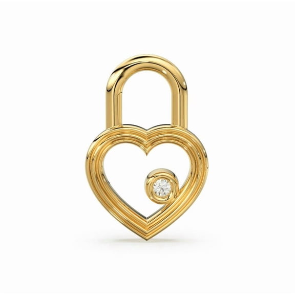 14K Solid Yellow Gold Heart Shape Lock Natural Diamond Small Charm Pendant Gift.