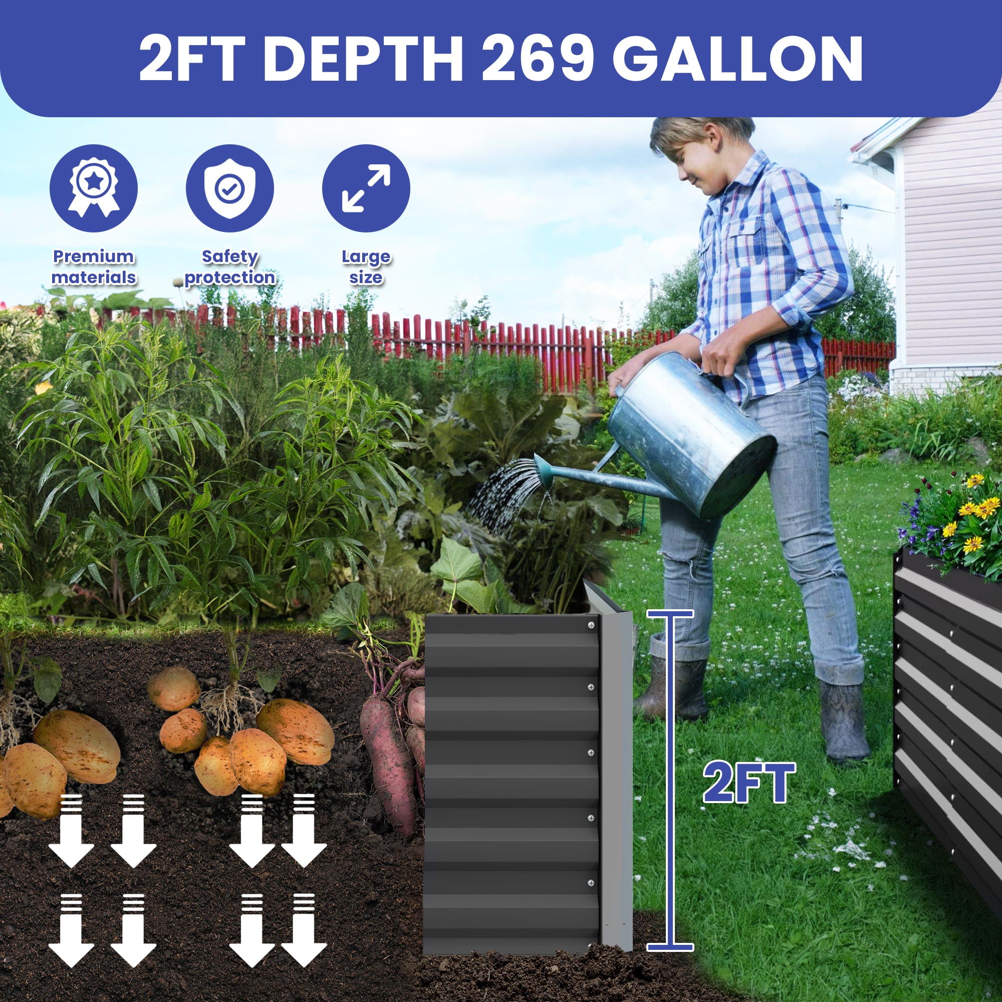 ModFusion 2 Pack 8x4x2 Ft High Metal Galvanized Raised Garden Bed Kit with Support Rod, Corner Panel Protection, Above Ground Planter Box, Large Gardening Pot, Dark Gray