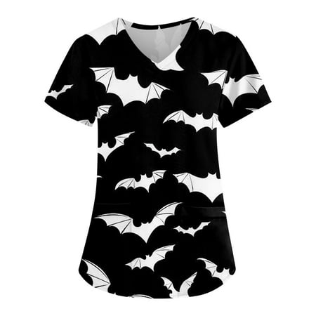 

Sksloeg Sksloeg Scrub Top for Women Summer Pumpkin Cat Bat Print Top Nurse Uniforms for Women Short Sleeve V-Neck Shirts Tee Tops with Pockets Black M