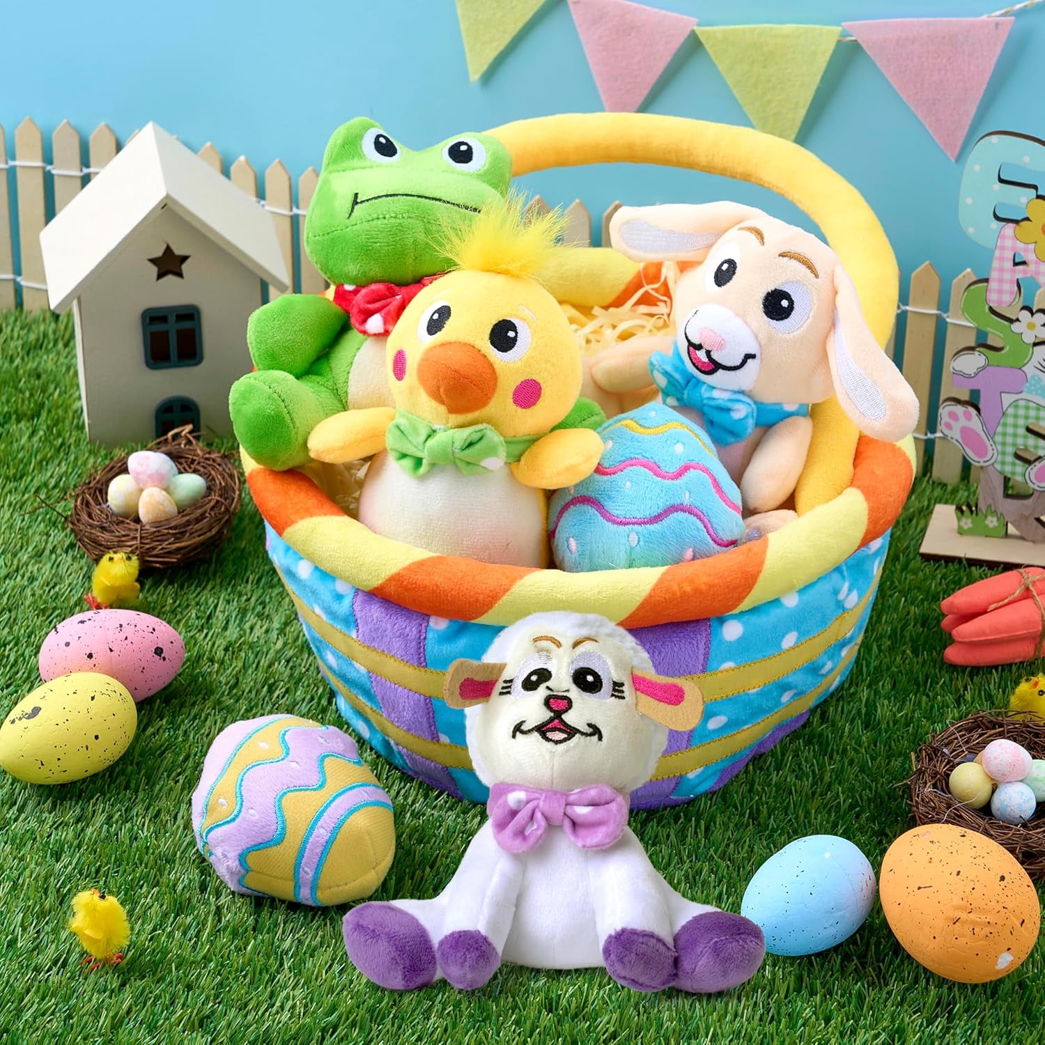 Joyfy 7Pcs Easter Basket for Kids,Basket Stuffers Fillers,Easter Basket Stuffed Animal Plush Playset,Easter Toys for Easter Party Favor Supplies,Easter Eggs Hunt